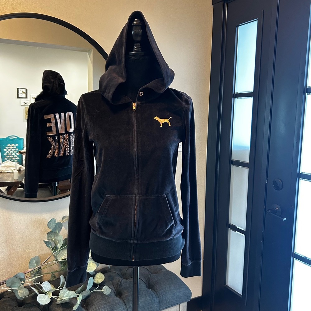 Victoria's Secret PINK Velour Hoodie Black Rose Gold Metallic Logo Zip Up Med